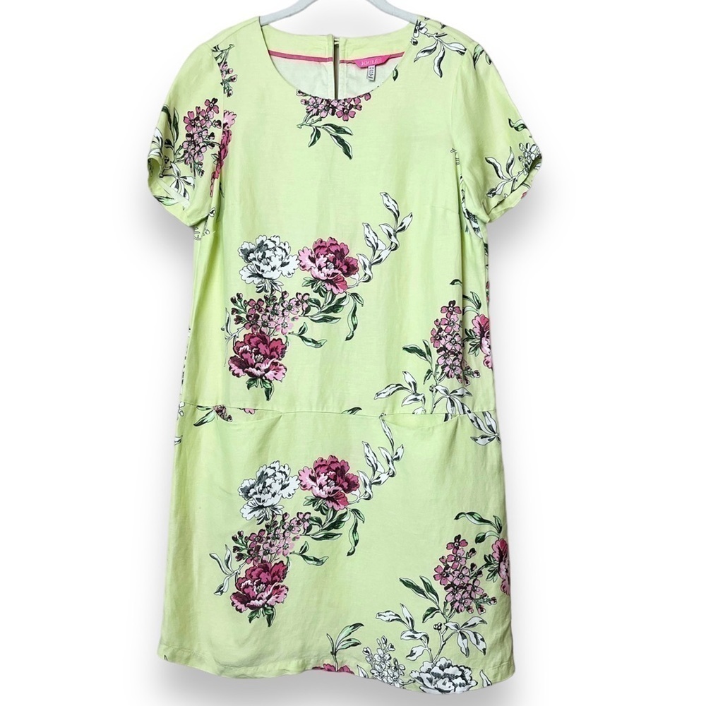 Joules Linen Blend Shift Dress 6 lime‎ green pink floral short sleeves pockets